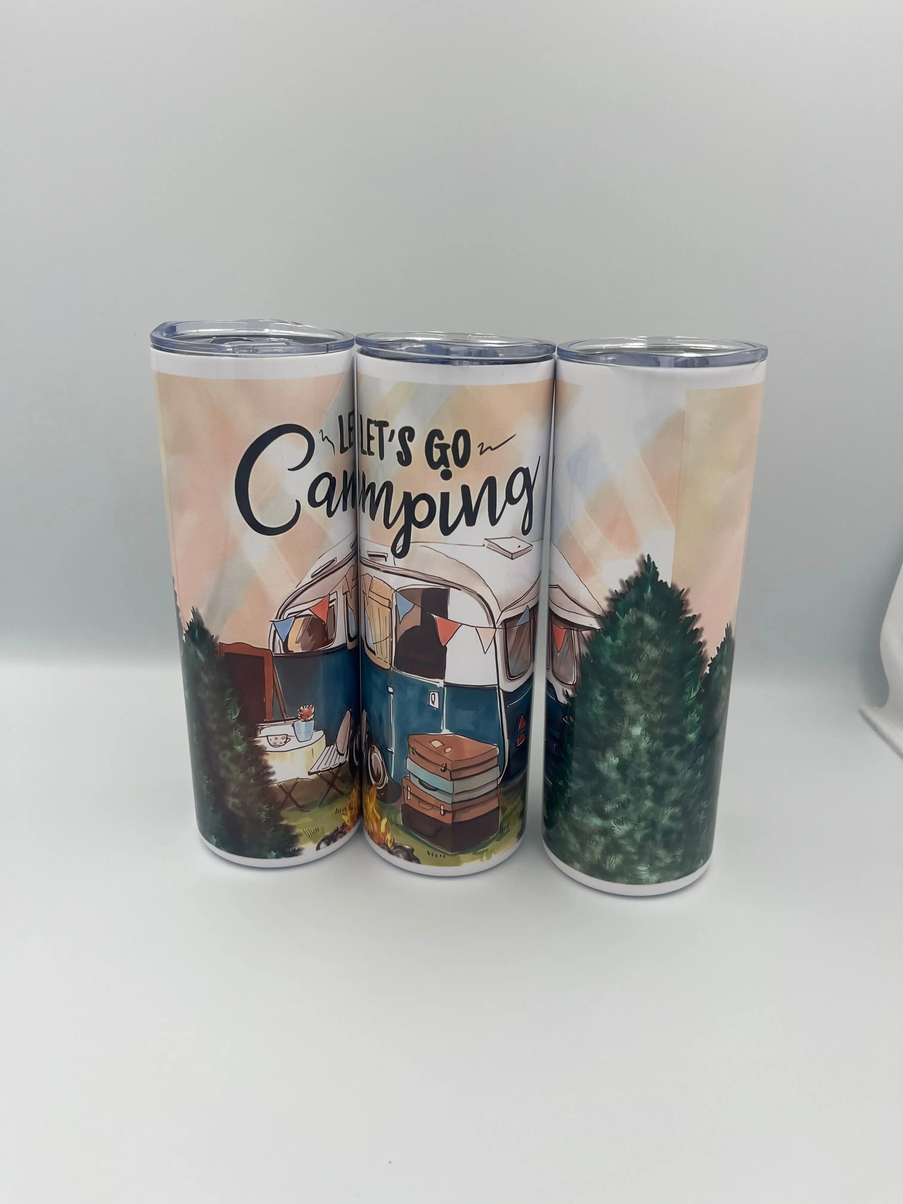 Let’s Go Camping 20oz Skinny Tumbler | Camping Coffee Stainless Steel Travel Cup KRC Custom Design