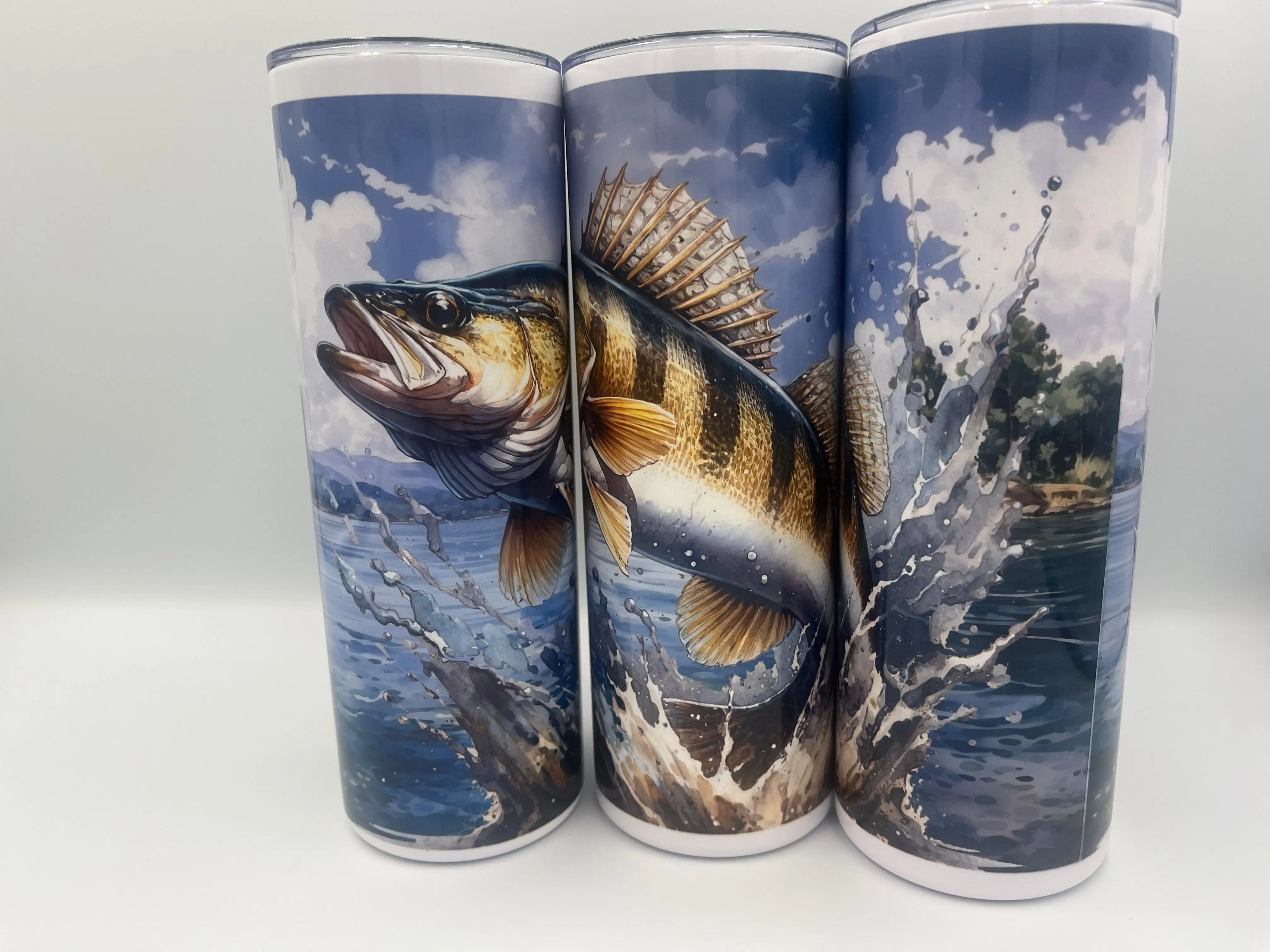 Bass Fishing 20oz Skinny Tumbler | Fisherman Stainless Steel Tumbler with Splash Fish Design KRC Custom Design
