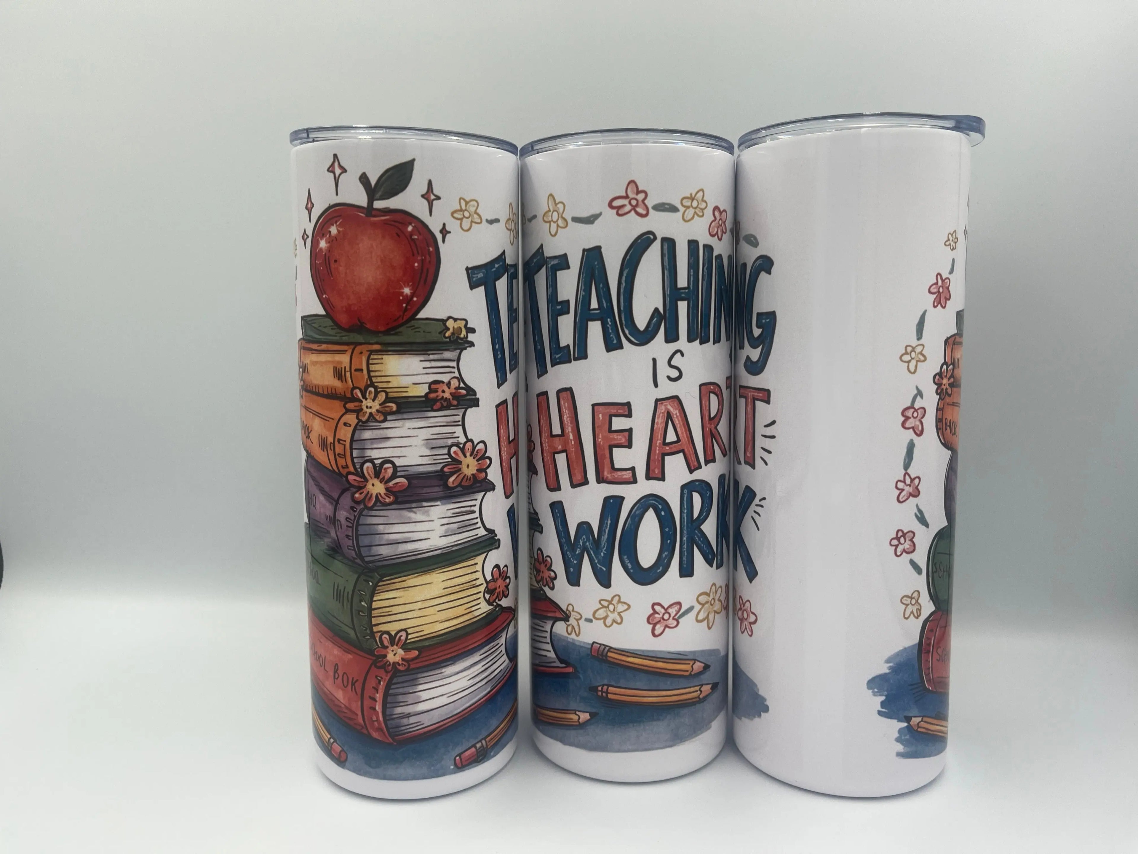 Teaching Is Heart Work 20oz Skinny Tumbler | Teacher Stainless Steel Tumbler with Books & Apple Design KRC Custom Design
