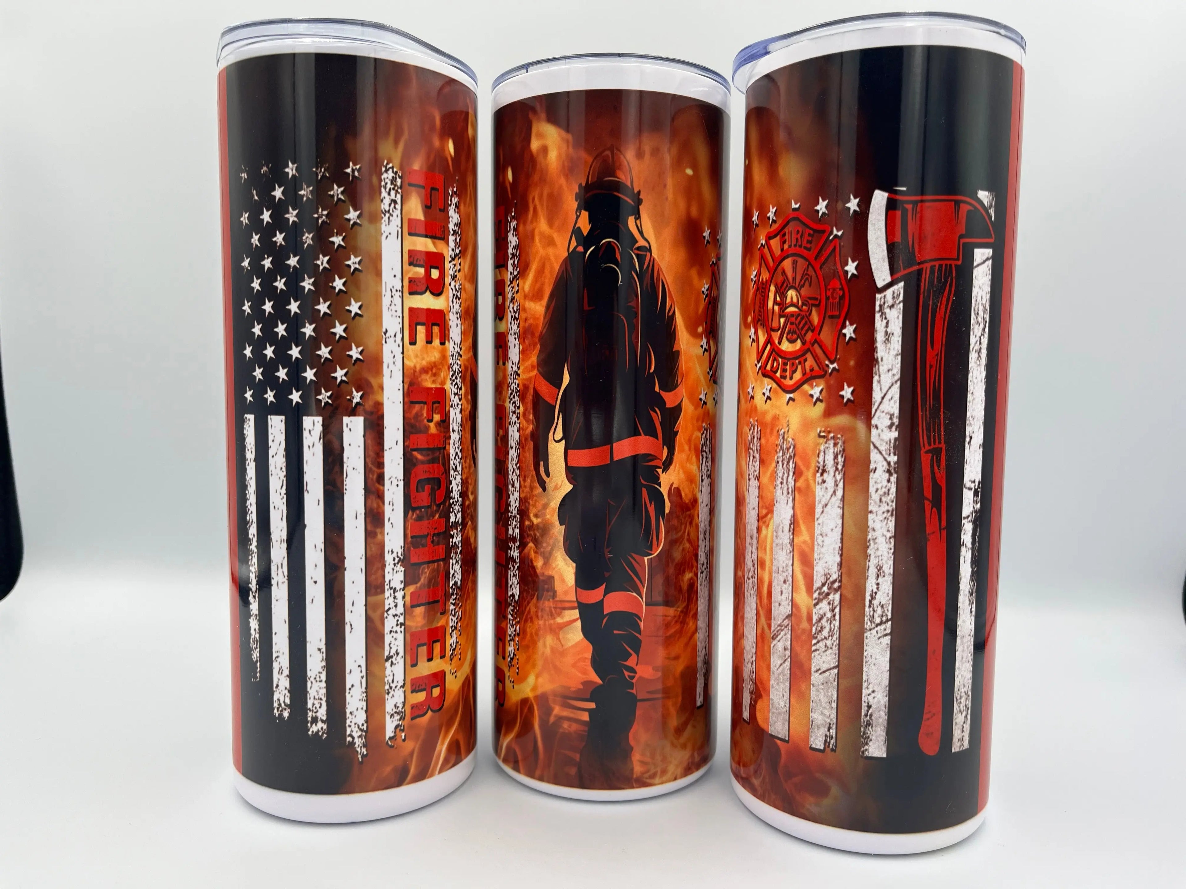 Firefighter Pride 20oz Skinny Tumbler | Fire Dept Flag Stainless Steel Tumbler KRC Custom Design