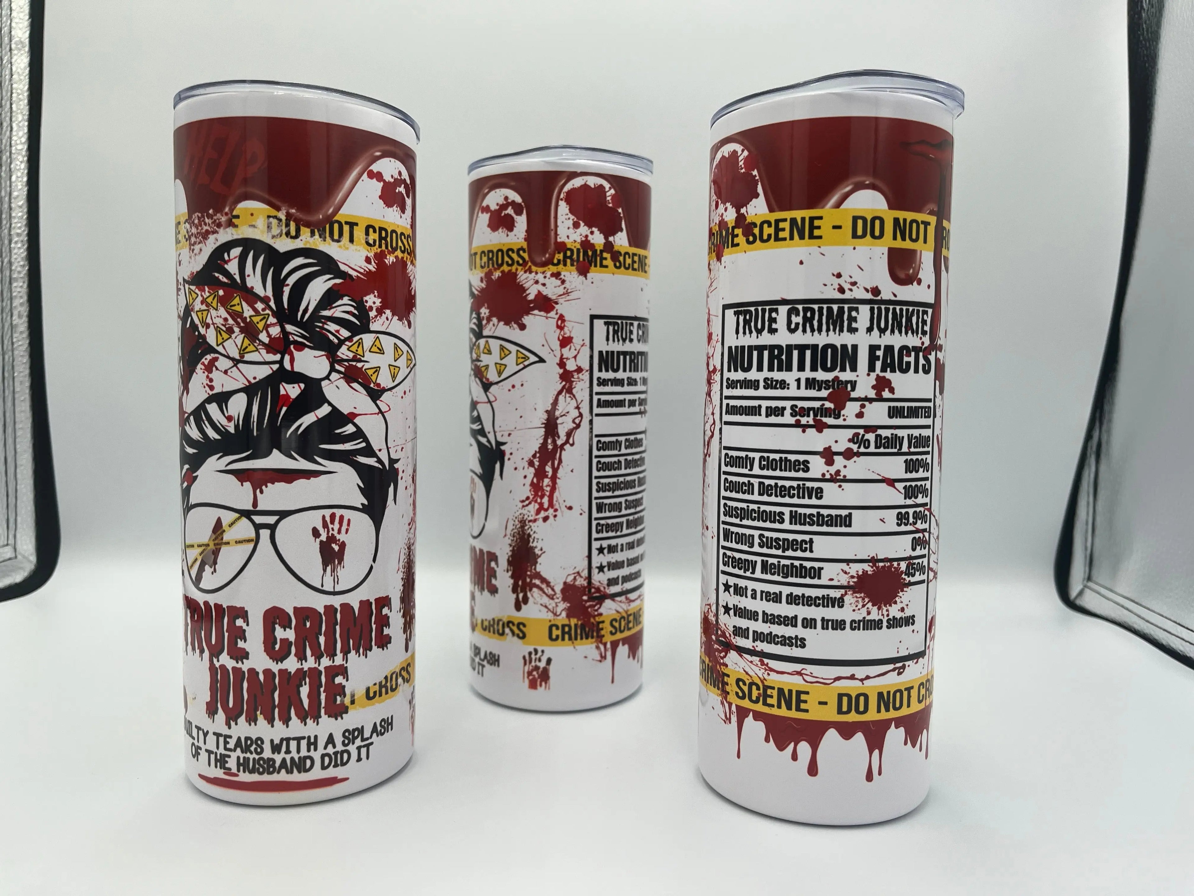 True Crime Junkie 20oz Skinny Tumbler | Crime Scene Funny True Crime Coffee Cup KRC Custom Design