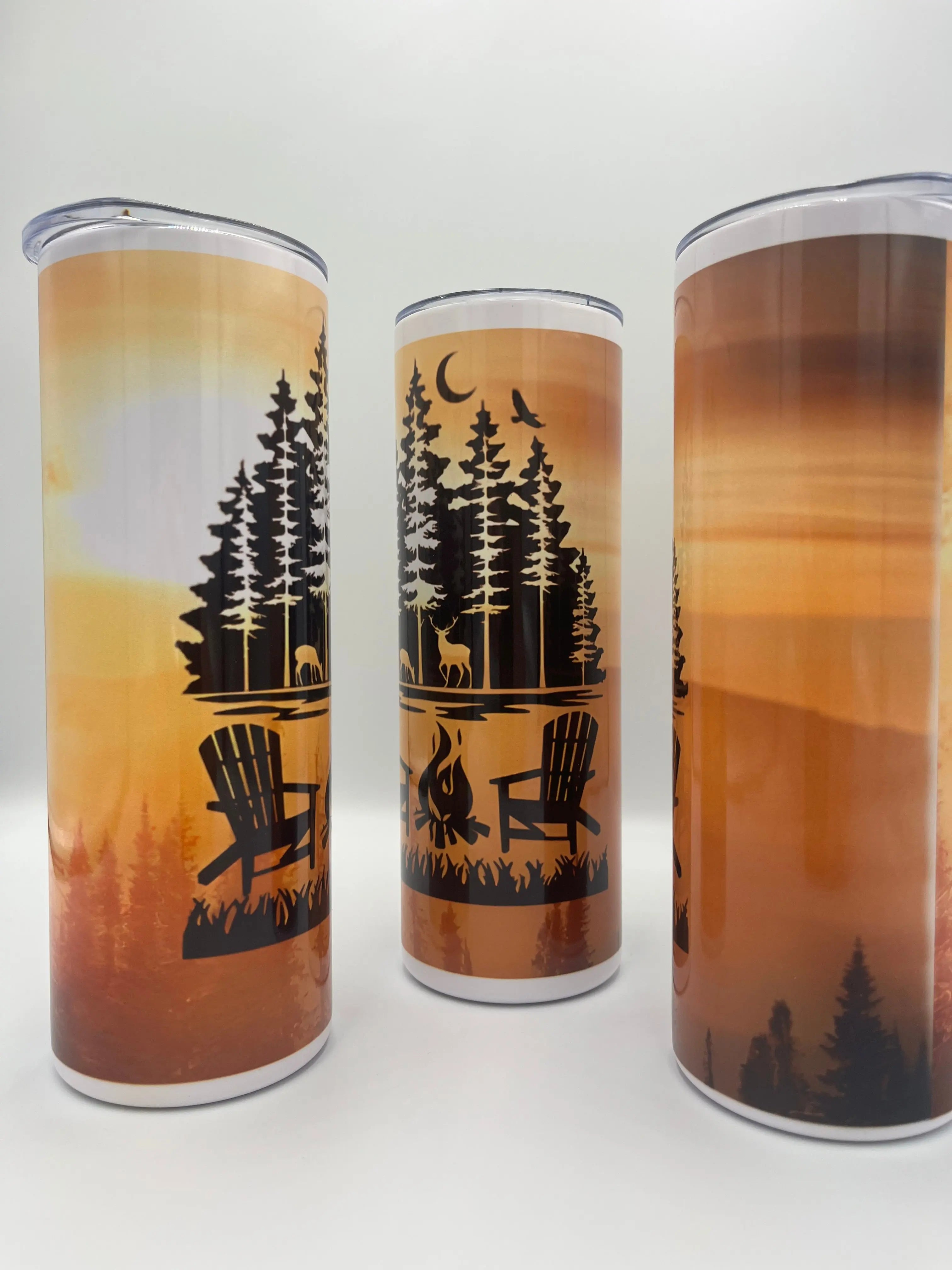 Woodland Campfire Sunset 20oz Tumbler | Rustic Cabin Nature Stainless Steel Travel Cup KRC Custom Design