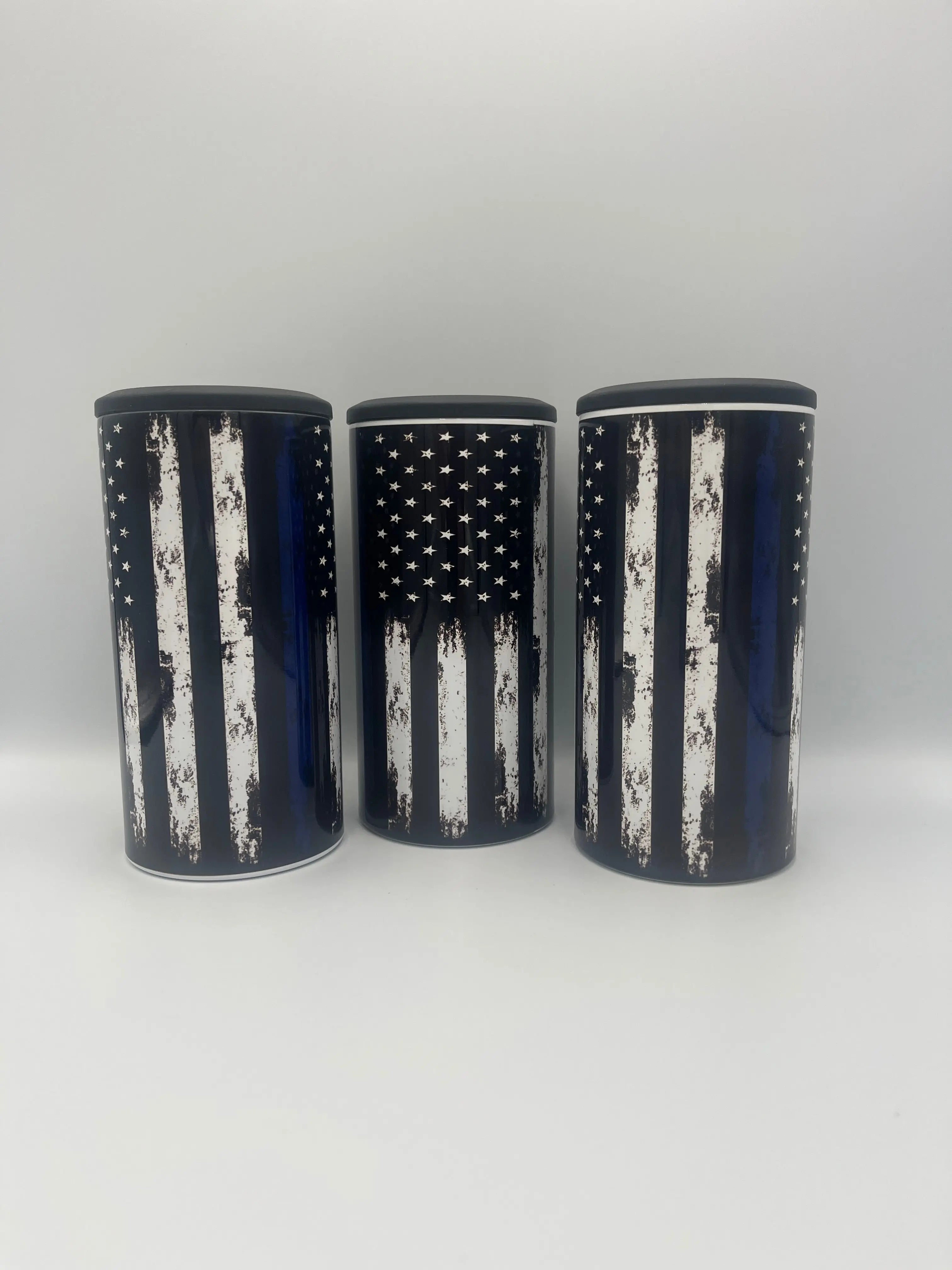 Thin Blue Line American Flag 4-in-1 Can Koozie | Insulated Stainless Steel Drink Holder KRC Custom Design