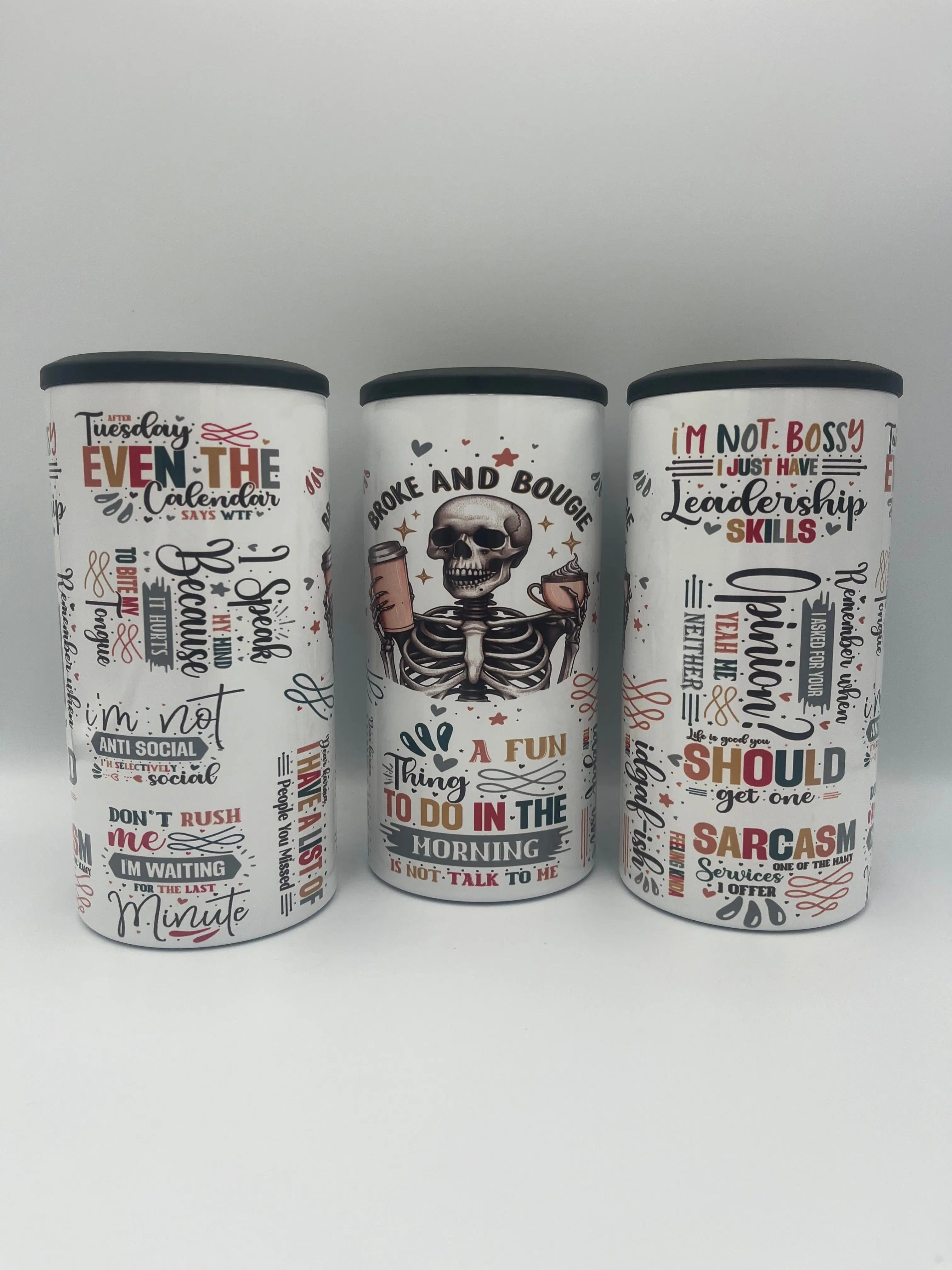 Sarcastic Coffee Quotes 4-in-1 Can Koozie | Funny Skeleton Insulated Drink Holder KRC Custom Design