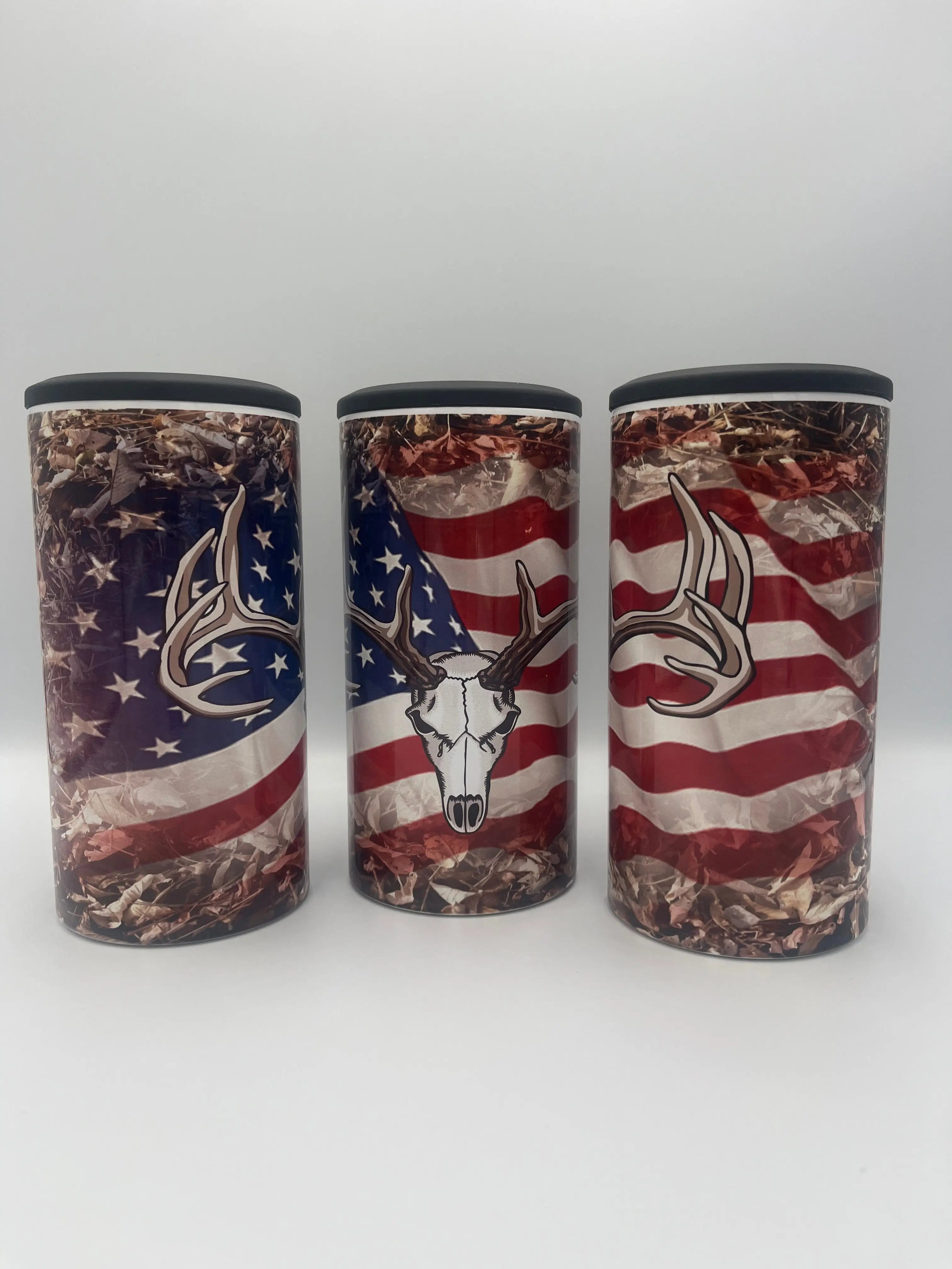 Patriotic Buck Skull 4-in-1 Can Koozie | American Flag Hunting Drink Holder KRC Custom Design