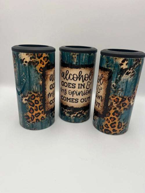 Alcohol Goes In, My Opinion Comes Out 4-in-1 Can Koozie | Funny Insulated Drink Holder KRC Custom Design